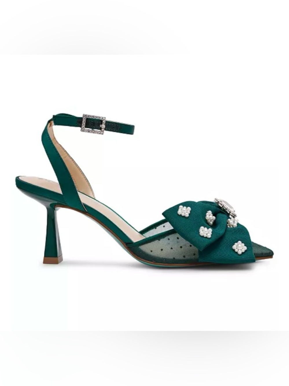 ❤️🎁Betsey Johnson Markin Emerald Green Embellished Bow Ankle-Strap Heels - Picture 2 of 7